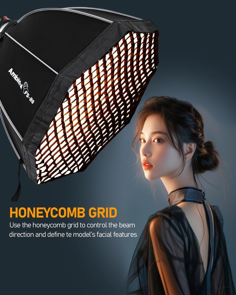AMBITFUL 60cm/ 24inch Softbox Bowens Mount, Quick Release Octagonal Softbox with Diffusers/Honeycomb Grid/Bag, Photography softbox Compatible with Godox Aputure Video Studio Light (FS60) - Image 4